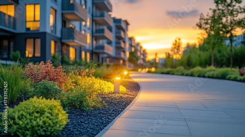 Sunset glow on modern apartment complex walkway
