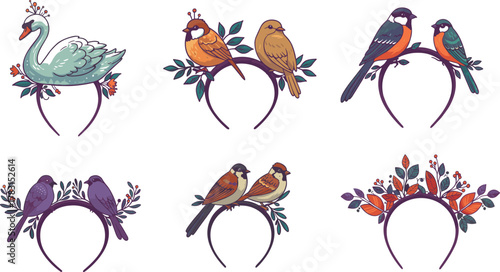 Beautiful bird and swan headband illustration set, decorative floral wreath crown design, colorful nature-inspired vector collection for design projects