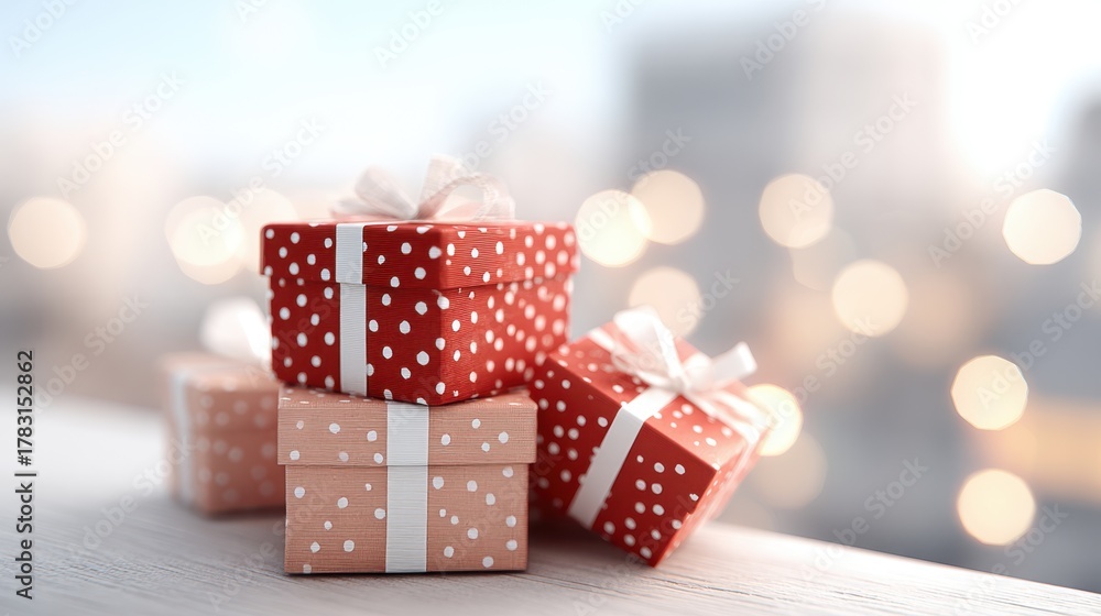 Obraz premium Colorful gift boxes with polka dots arranged on a wooden surface, creating a festive atmosphere with blurred lights in the background