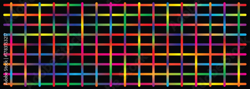 Colorful Grid on Black: A vibrant grid of intersecting lines in a spectrum of colors against a black backdrop. Illustrating the beauty of order and pattern.