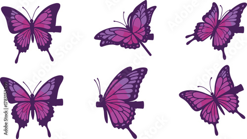 Pink and purple butterfly collection, gradient vector illustration, decorative flying insects, elegant abstract design, colorful nature art pattern for decor