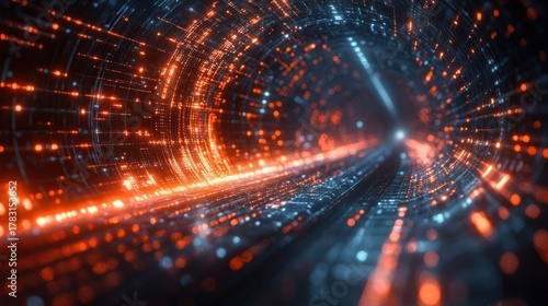 Digital Tunnel of Light: A mesmerizing journey through a luminous tunnel, constructed of data streams, showcasing the speed of technology. Capturing the essence of progress and the digital age. 