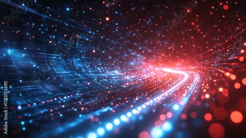 Abstract Digital Data Flow: A captivating visual representation of the digital age, showcasing a mesmerizing stream of vibrant blue and red particles, symbolizing the dynamic flow of data.