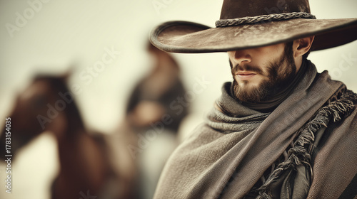 Traditional gaucho cowboy wearing hat and poncho during Gaucho Day celebration in the Argentine countryside