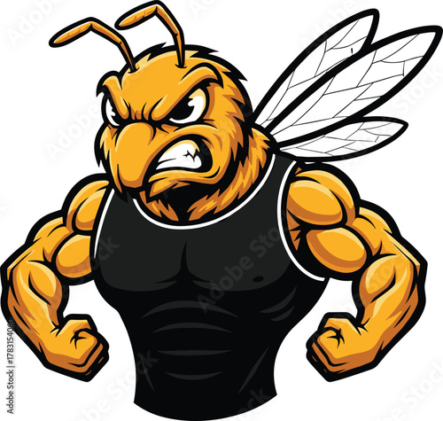Aggressive muscular bee mascot, strong insect character, cartoon bee illustration, fierce pose, vector sports icon, fitness branding design