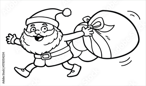 Joyful santa claus running with a large sack of presents