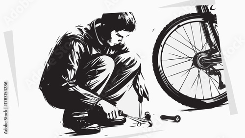Focused cyclist repairing bike with tools, demonstrating dedication and mechanical skill effortlessly