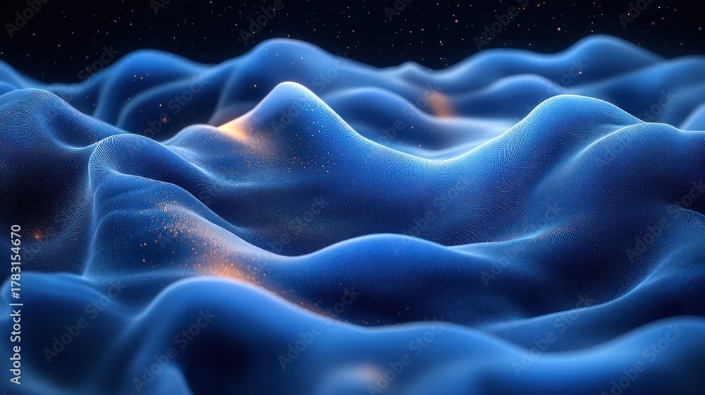 Obraz premium Abstract Oceanic Terrain: An ethereal abstract rendering of undulating blue forms, reminiscent of the ocean's depths under a starlit sky. Evoking a sense of mystery and cosmic beauty.
