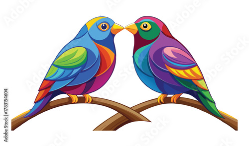 Two colorful lovebirds perched on a branch in a vibrant illustration