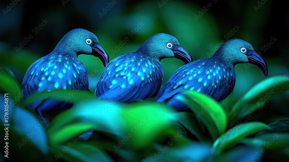 Obraz premium Three vibrant blue birds nestled in lush green foliage