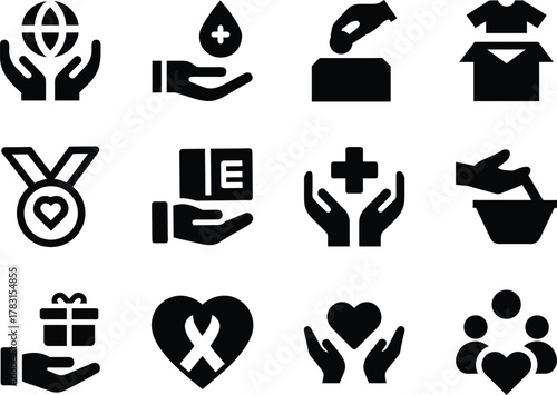 Silhouette vector EPS of charity and volunteering icons, editable and isolated on white.