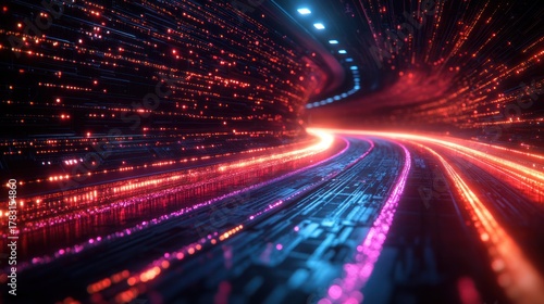 Digital Highway: A futuristic tunnel of light and data streams, symbolizing the fast-paced world of technology and the digital age. Capturing the energy of connectivity.