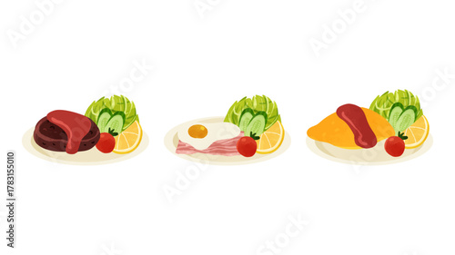 ハンバーグ、ベーコンエッグ、オムレツのプレートセット　水彩風手描きベクターイラスト