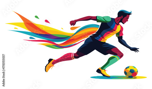Dynamic soccer player in motion with colorful abstract splashes