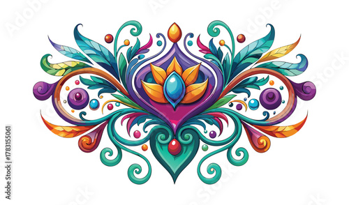 Vibrant watercolor mandala ornament with floral and jewel accents