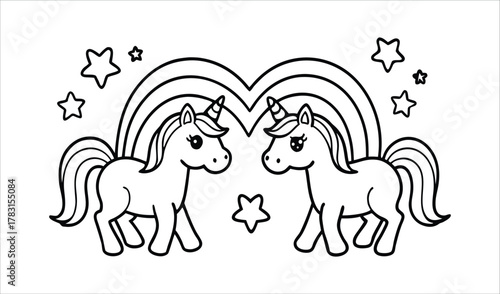 Cute cartoon unicorns with rainbow and stars for coloring