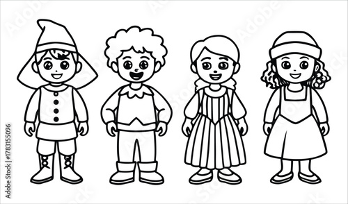 Four diverse cartoon children in costumes standing together