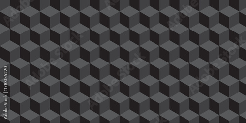 Black cube seamless creative cubes decoration triangle wall and wallpaper textile vector square tile, mosaic endless repeat hexagon block texture background.	
