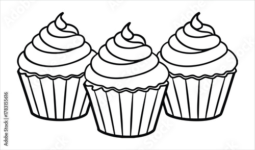 Three delicious cupcakes with swirled frosting outline illustration