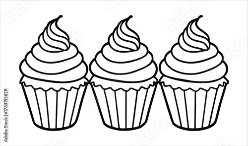 Three simple line art cupcakes with swirled frosting