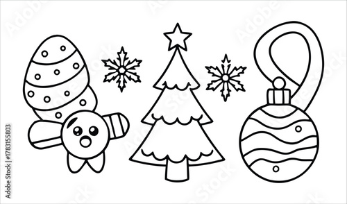 Christmas coloring page elements featuring gingerbread man tree ornament and snowflakes