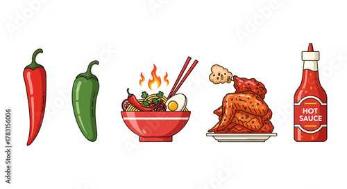 A collection of spicy food vector illustrations including chili peppers, ramen, chicken wings, and hot sauce.