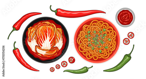 Illustration of kimchi, noodles, and chili peppers, Korean cuisine.