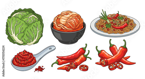 An illustration showcasing various ingredients and dishes associated with Korean cuisine, including kimchi.