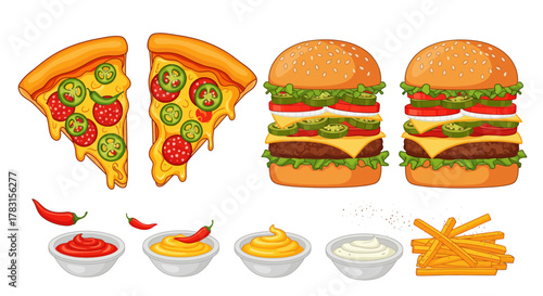 Illustration of pizza slices, burgers, sauces, fries, and chili peppers on a white background.