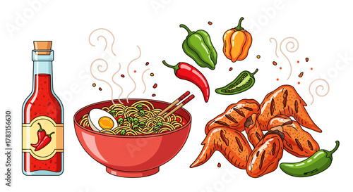 A vibrant illustration featuring a bottle of hot sauce, a steaming bowl of noodles with an egg, and grilled chicken wings, surrounded by various chili peppers and bell peppers.