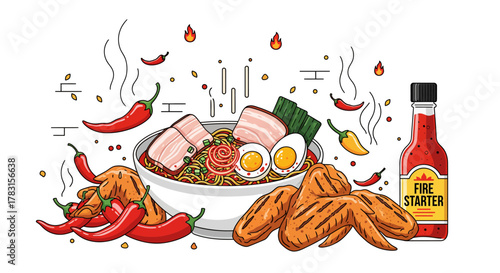 An illustration of a spicy bowl of ramen noodles with pork, egg, grilled chicken wings, and hot chili peppers.