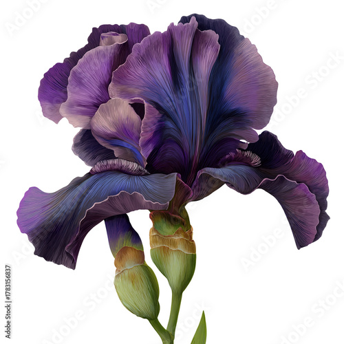 Watercolor shadowbloom iris with deep midnight purple petals and subtle shimmer, isolated on a white background, clear edges, botanical clipart style