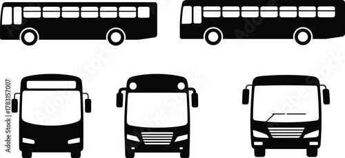 Bus silhouette illustration, public transport vector, side and front view buses, urban transit design, vehicle icons, transportation graphic, black outline, commuter bus artwork