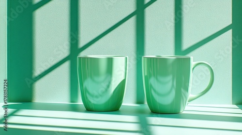 Two mint green mugs on a mint green surface, bathed in sunlight, casting shadows from window grids