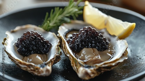 Two oysters topped with black caviar, garnished with rosemary and lemon