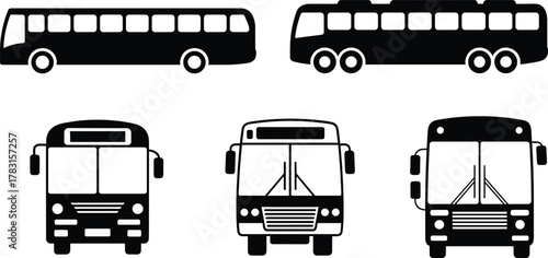 Bus, silhouette, vector, transport, vehicle, side view, front view, city bus, public transit, black, white, graphic, icon, isolated, wheels, windows, urban, travel, commu
