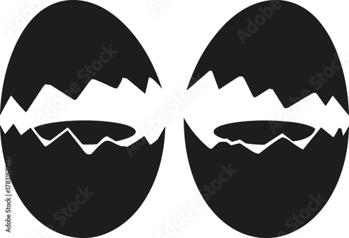 Two black broken eggshells facing each other on white background