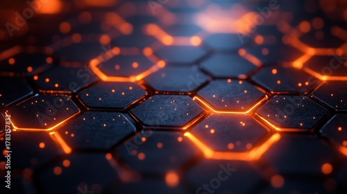 Hexagonal Data Brilliance: A close-up view unveils a futuristic honeycomb-like surface with glowing orange accents, symbolizing data flow and technological advancement.