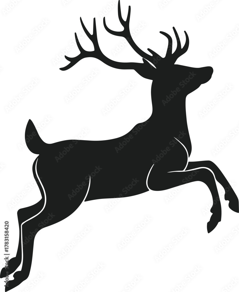 Fototapeta premium Black deer silhouette leaping with antlers on white background