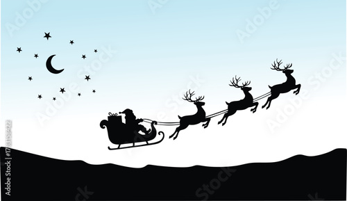 Silhouette of Santa Claus riding a sleigh with reindeer
