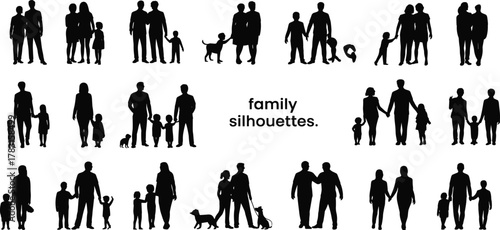 Family silhouettes, parents and children, walking together, holding hands, pet dog, diverse family groups, unity, love, lifestyle illustration, relationship concept, community