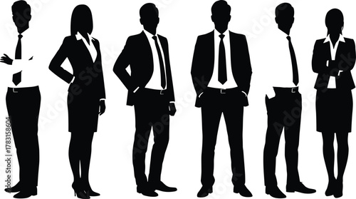 Business people silhouettes in formal attire, men and women professionals standing together, corporate teamwork vector illustration, elegant office concept isolated design