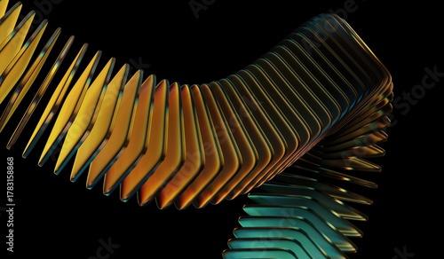 3D illustration showing black 3D background, abstract crystal pattern, neon light holographic gradient, blue orange caustic effect, and glass chromatic cube block shapes render.