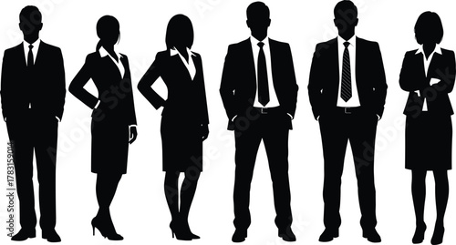 Business people silhouettes standing together, corporate teamwork illustration with men and women in formal attire, leadership and professional diversity concept