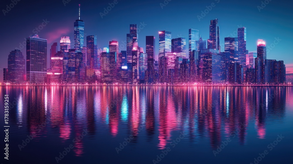 Fototapeta premium Vibrant NYC skyline at night, neon reflections