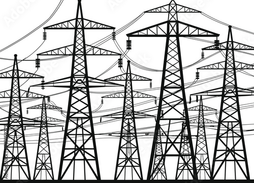High voltage electricity transmission towers, industrial power pylons, energy infrastructure, electrical grid system, lattice steel structures, overhead power lines,
