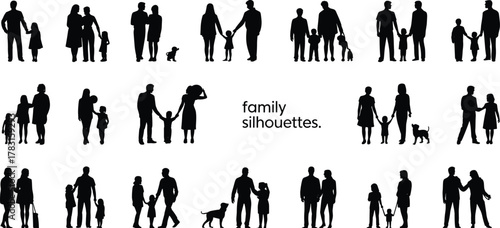Family silhouettes, parents children pets walking together, diverse family groups holding hands, black vector silhouettes isolated, lifestyle illustration, community concept, 