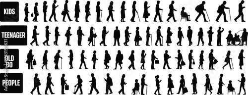 Human life stages silhouettes illustration, kids teenagers adults elderly people walking standing playing interacting aging progression concept, generational diversity vector design for education 