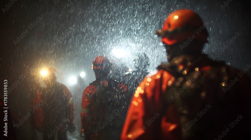 Naklejka premium Rescue operation during heavy rain with flashlights