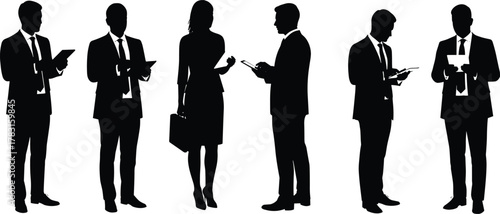 Business people silhouettes, professional men and women using tablets and phones, teamwork communication, office corporate meeting concept, digital business technology vector illustration